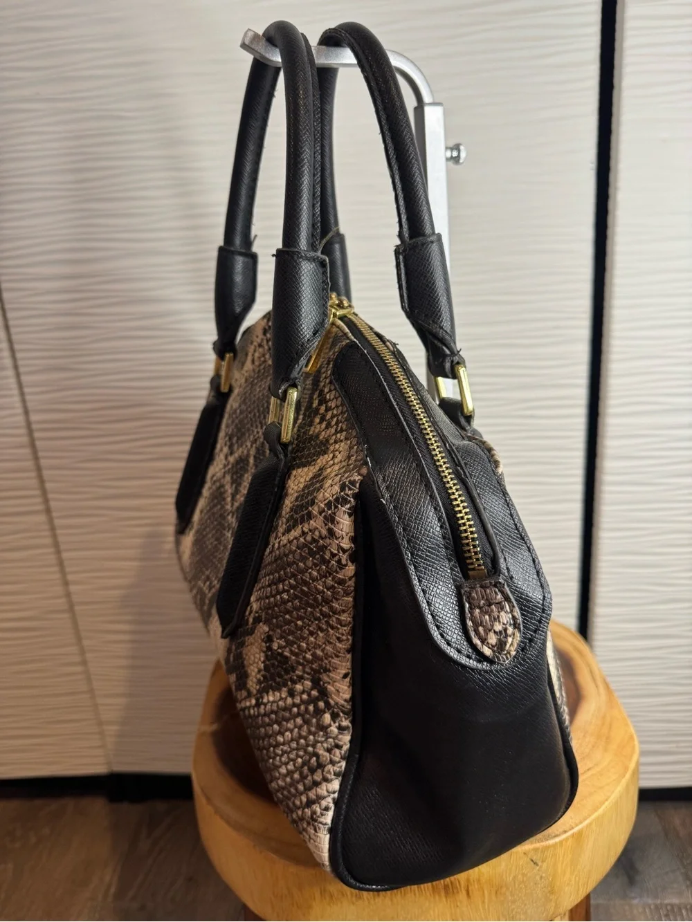 London Fog Black and Beige Python-Print Dome Satchel